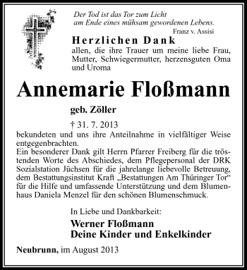 Traueranzeige von Annemarie Floßmann von Südthüringer Presse