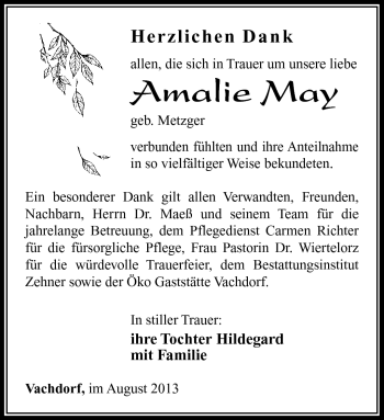 Traueranzeige von Amalie May von Südthüringer Presse