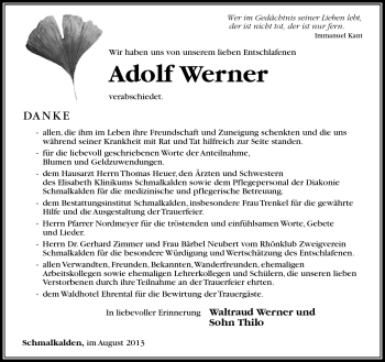 Traueranzeige von Adolf Werner von Südthüringer Presse