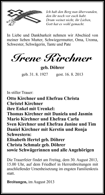 Traueranzeige von Irene Kirchner von Südthüringer Presse