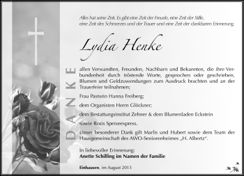 Traueranzeige von Lydia Henke von Südthüringer Presse