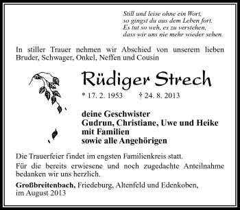 Traueranzeige von Rüdiger Strech von Südthüringer Presse