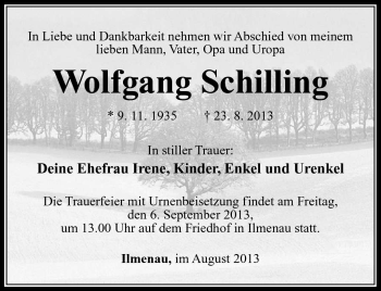 Traueranzeige von Wolfgang Schilling von Südthüringer Presse