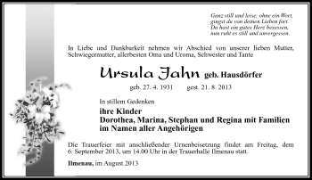 Traueranzeige von Ursula Jahn von Südthüringer Presse