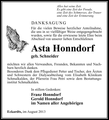 Traueranzeige von Asta Honndorf von Südthüringer Presse