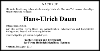 Traueranzeige von Hans-Ulrich Daum von Südthüringer Presse