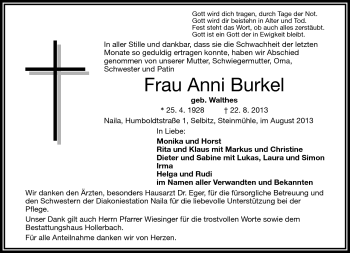 Traueranzeige von Anni Burkel von Frankenpost