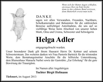 Traueranzeige von Helga Adler von Südthüringer Presse