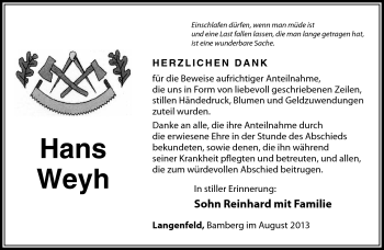Traueranzeige von Hans Weyh von Südthüringer Presse
