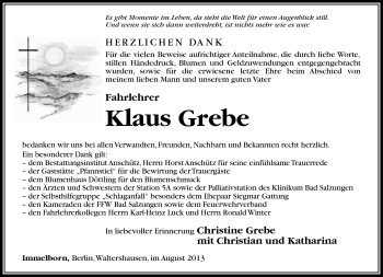 Traueranzeige von Klaus Grebe von Südthüringer Presse