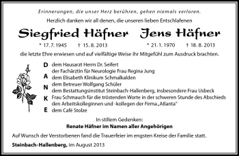 Traueranzeige von Siegfried und Jens Häfner von Südthüringer Presse
