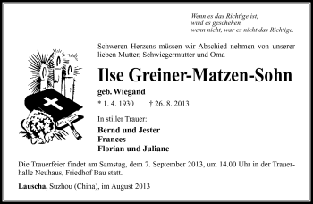 Traueranzeige von Ilse Greiner-Matzen-Sohn von Südthüringer Presse