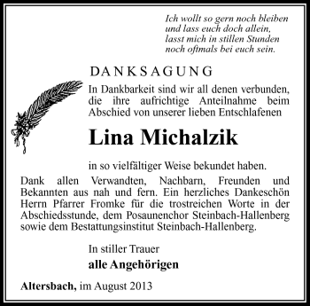 Traueranzeige von Lina Michalzik von Südthüringer Presse