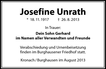 Traueranzeige von Josefine Unrath von Neue Presse Coburg