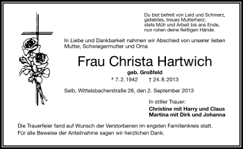 Traueranzeige von Christa Hartwich von Frankenpost