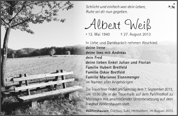Traueranzeige von Albert Weiß von Südthüringer Presse