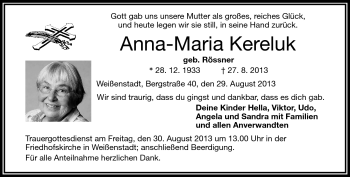 Traueranzeige von Anna-Maria Kereluk von Frankenpost