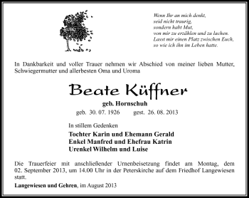 Traueranzeige von Beate Küffner von Südthüringer Presse