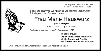 Traueranzeige von Marie Hauswurz von Frankenpost