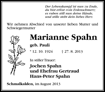 Traueranzeige von Marianne Spahn von Südthüringer Presse