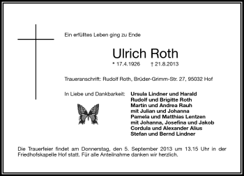 Traueranzeige von Ulrich Roth von Frankenpost