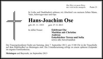 Traueranzeige von Hans-Joachim Ose von Südthüringer Presse