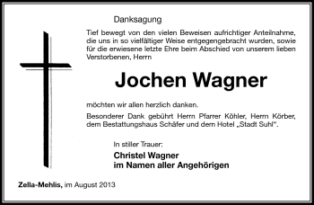 Traueranzeige von Jochen Wagner von Südthüringer Presse