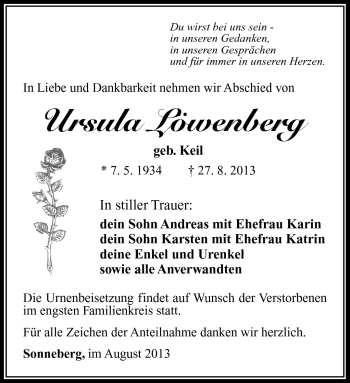 Traueranzeige von Ursula Löwenberg von Südthüringer Presse