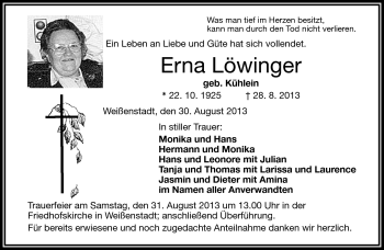 Traueranzeige von Erna Löwinger von Frankenpost