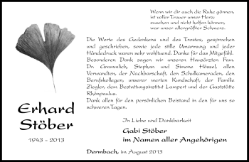 Traueranzeige von Erhard Stöber von Südthüringer Presse