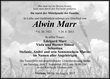 Traueranzeige von Alwin Marr von Südthüringer Presse