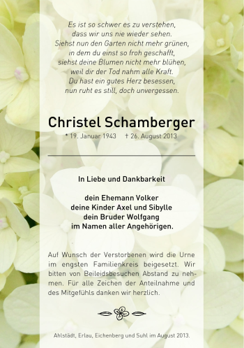 Traueranzeige von Christel Schamberger von Südthüringer Presse