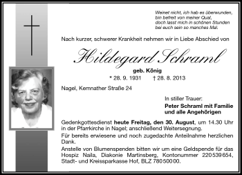 Traueranzeige von Hildegard Schraml von Frankenpost