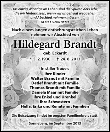 Traueranzeige von Hildegard Brandt von Südthüringer Presse