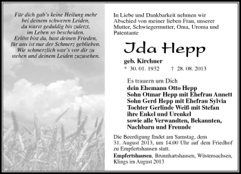 Traueranzeige von Ida Hepp von Südthüringer Presse