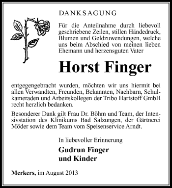 Traueranzeige von Horst Finger von Südthüringer Presse