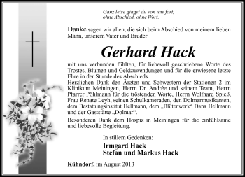 Traueranzeige von Gerhard Hack von Südthüringer Presse