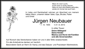 Traueranzeige von Jürgen Neubauer von Frankenpost