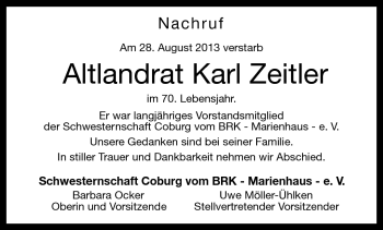 Traueranzeige von Karl Zeitler von Neue Presse Coburg