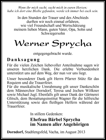 Traueranzeige von Werner Sprycha von Südthüringer Presse
