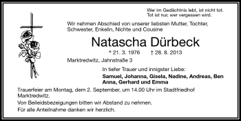 Traueranzeige von Natascha Dürbeck von Frankenpost