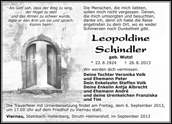 Traueranzeige von Leopoldine Schindler von Südthüringer Presse