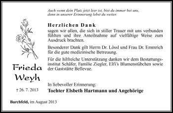 Traueranzeige von Frieda Weyh von Südthüringer Presse