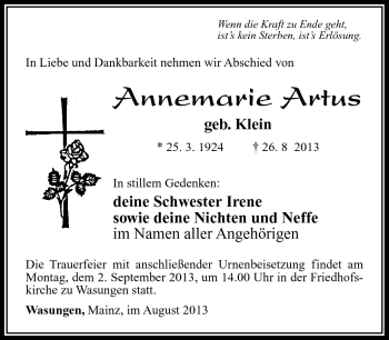 Traueranzeige von Annemarie Artus von Südthüringer Presse
