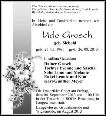 Traueranzeige von Ude Grosch von Südthüringer Presse