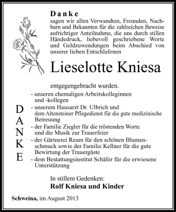 Traueranzeige von Lieselotte Knies von Südthüringer Presse