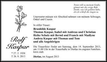 Traueranzeige von Rolf Kaspar von Südthüringer Presse