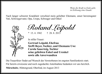 Traueranzeige von Roland Leipold von Südthüringer Presse