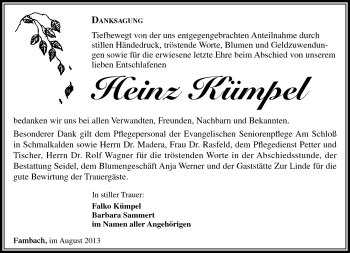Traueranzeige von Heinz Kümpel von Südthüringer Presse