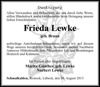 Traueranzeige von Frieda Lewke von Südthüringer Presse